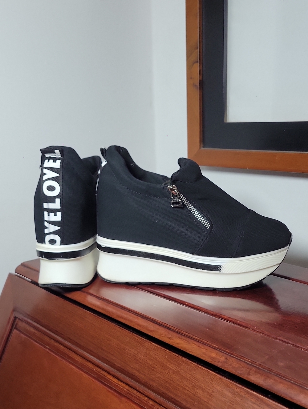 Platform Slip-On Sneakers with Side Zip - Black